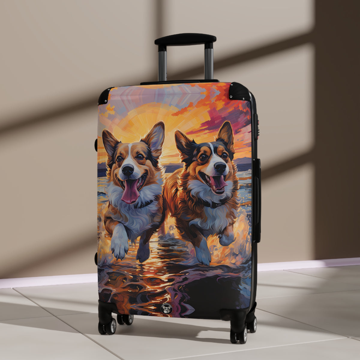 Beach Buds Corgi Sunset Suitcases — Corgis Running in the Waves Luggage