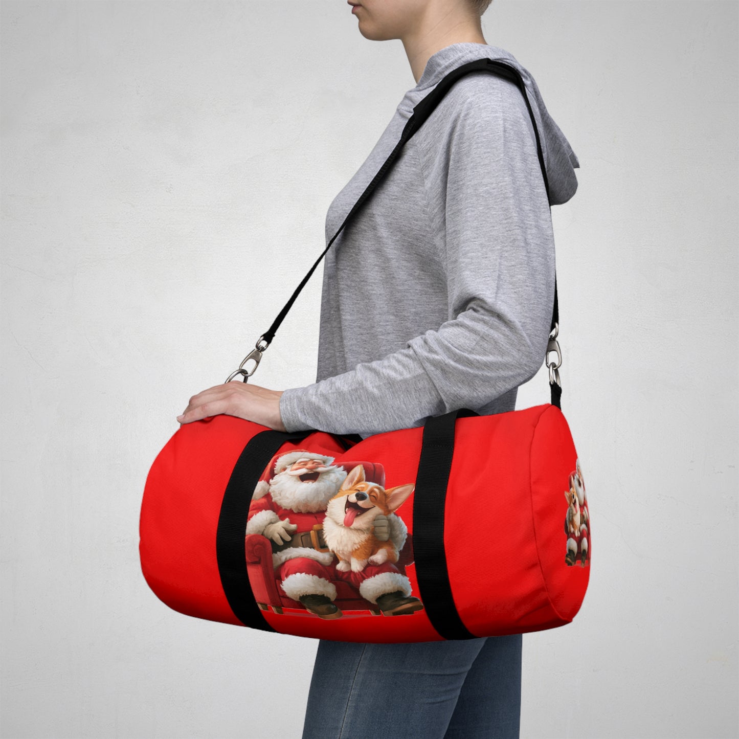 Christmas Corgi Sitting on Santa's Lap Duffel Bag - Festive Red Holiday Corgi Travel Gym Bag