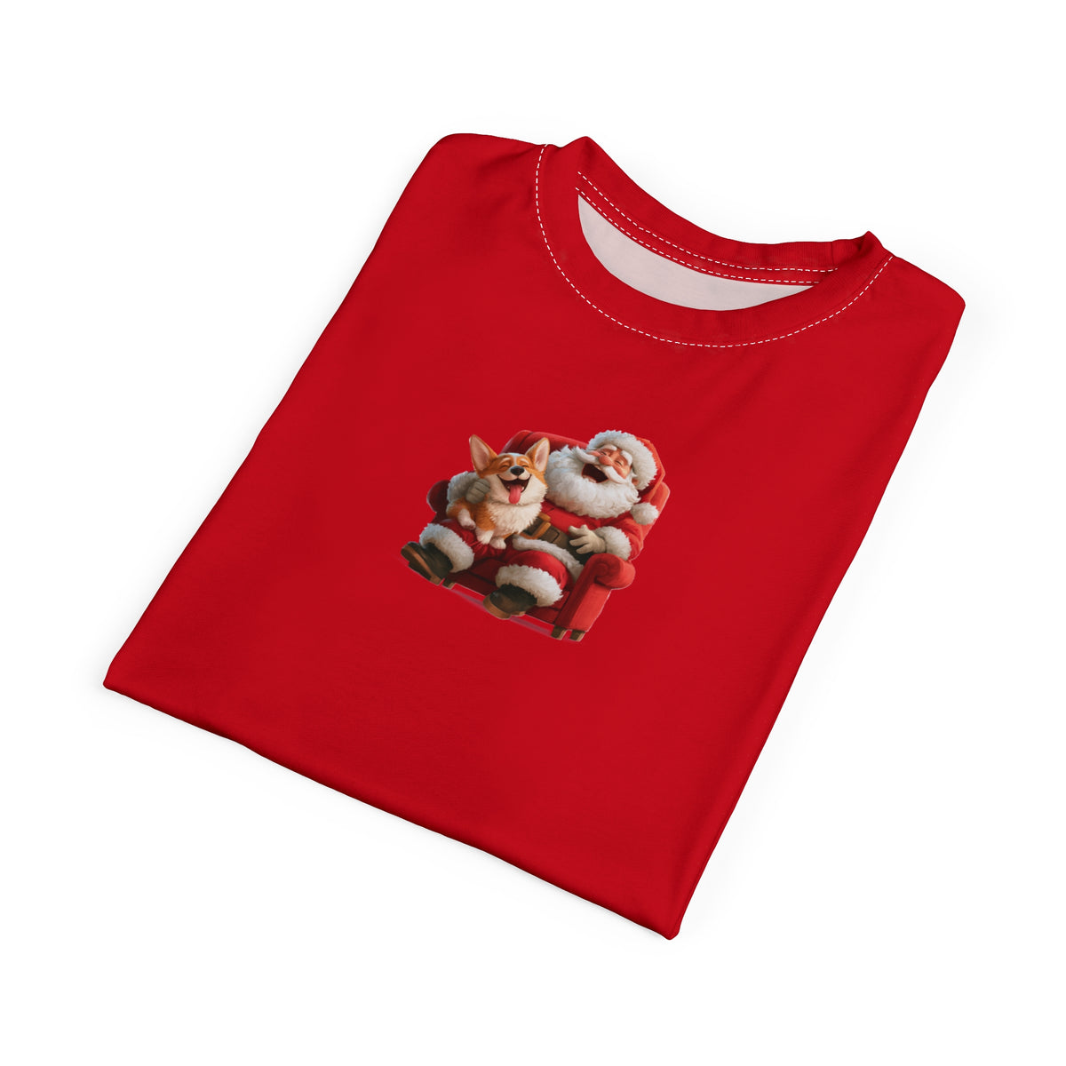 I Want a Corgi for Christmas Unisex Bold Designer Tee - A Very Good Corgi on Santa's Lap on Jingle Pop Red with Candy Cane Sleeves (Part of the Holiday Collection)