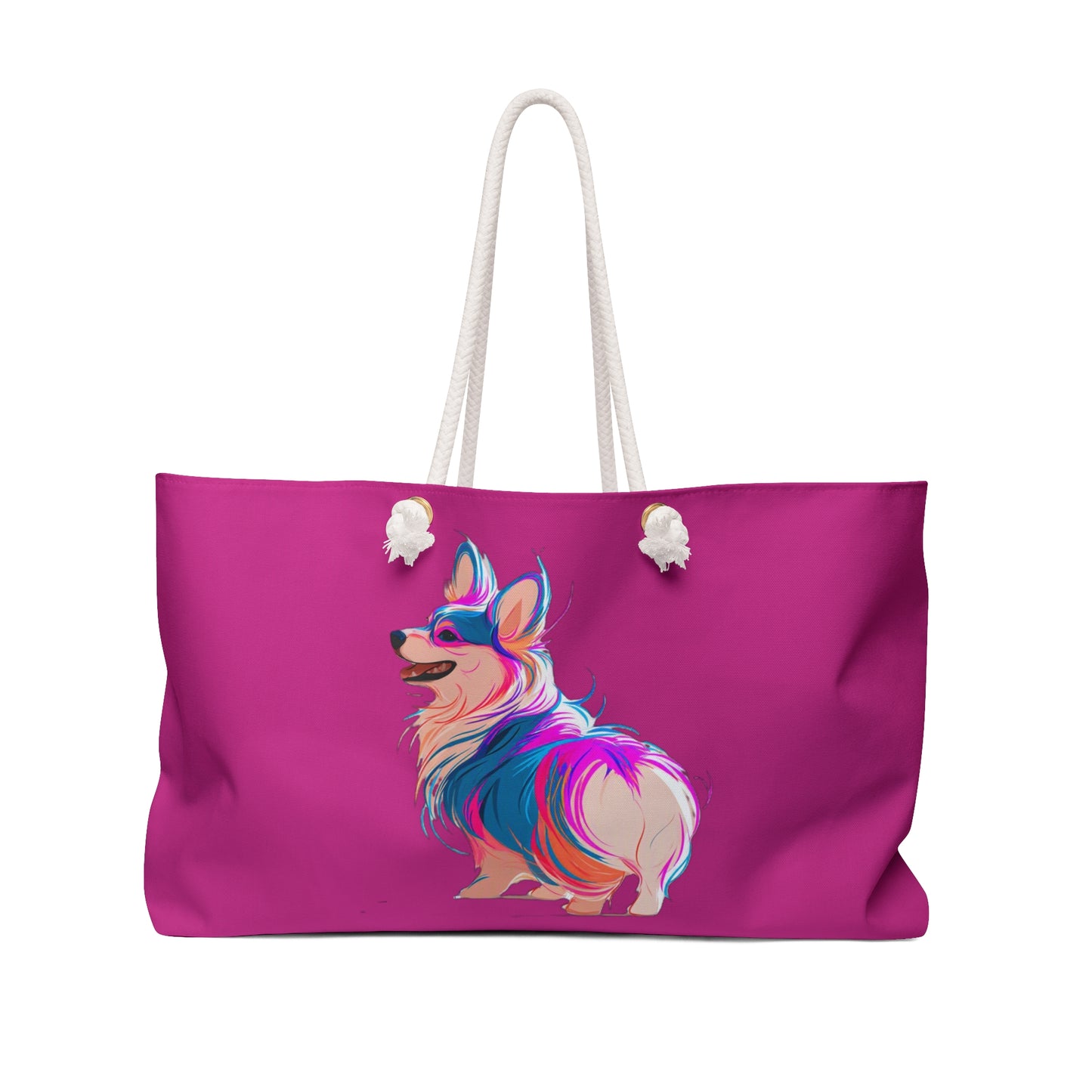 Party Pup Artistic Corgi Illustration Weekender Beach Bag – Fuchsia Corgi Travel Tote