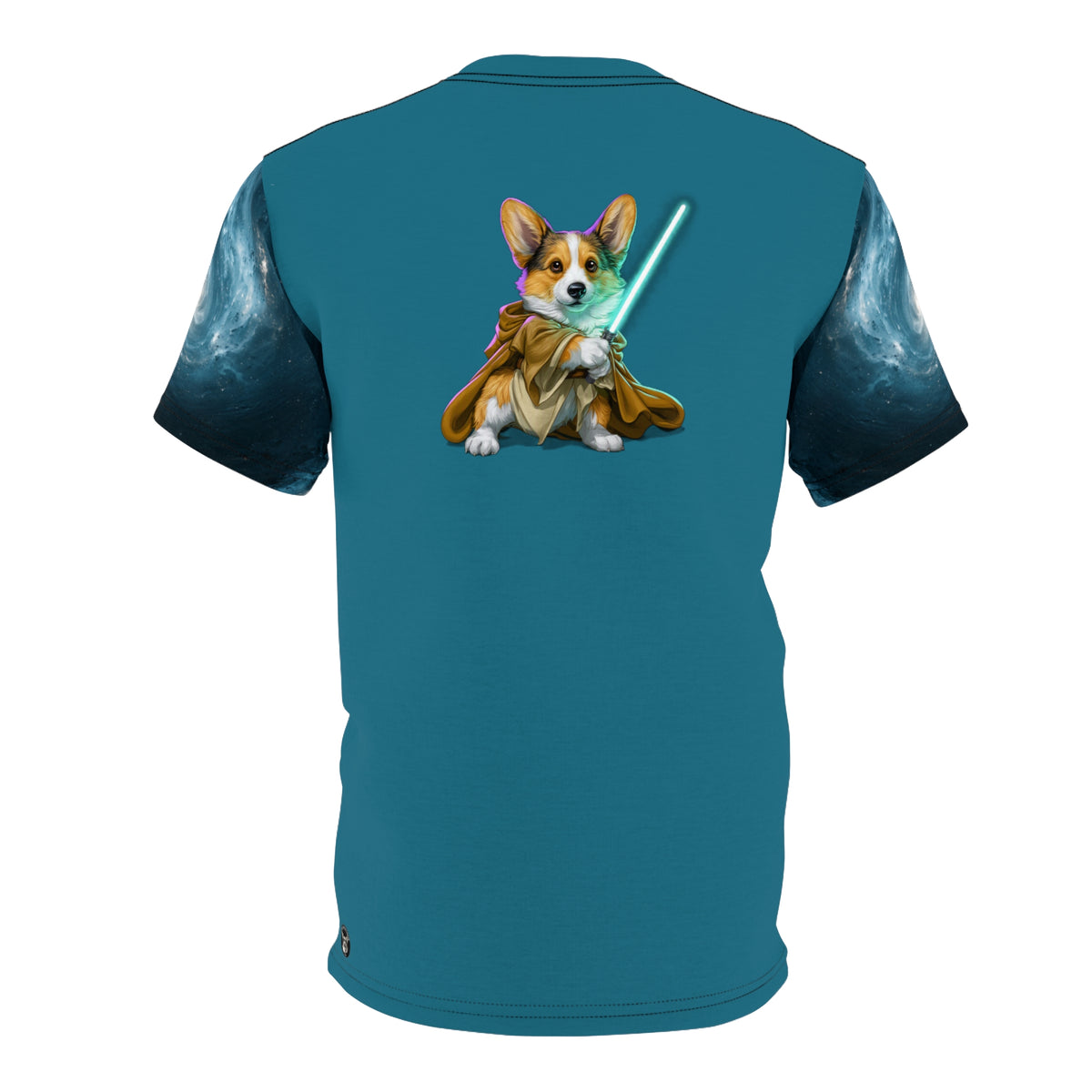 Astral Acolyte Unisex Bold Designer Tee — Corgi Neophyte on Andromeda Aqua with Galactic Swirl Sleeves (Part of the Astral Warrior Collection)