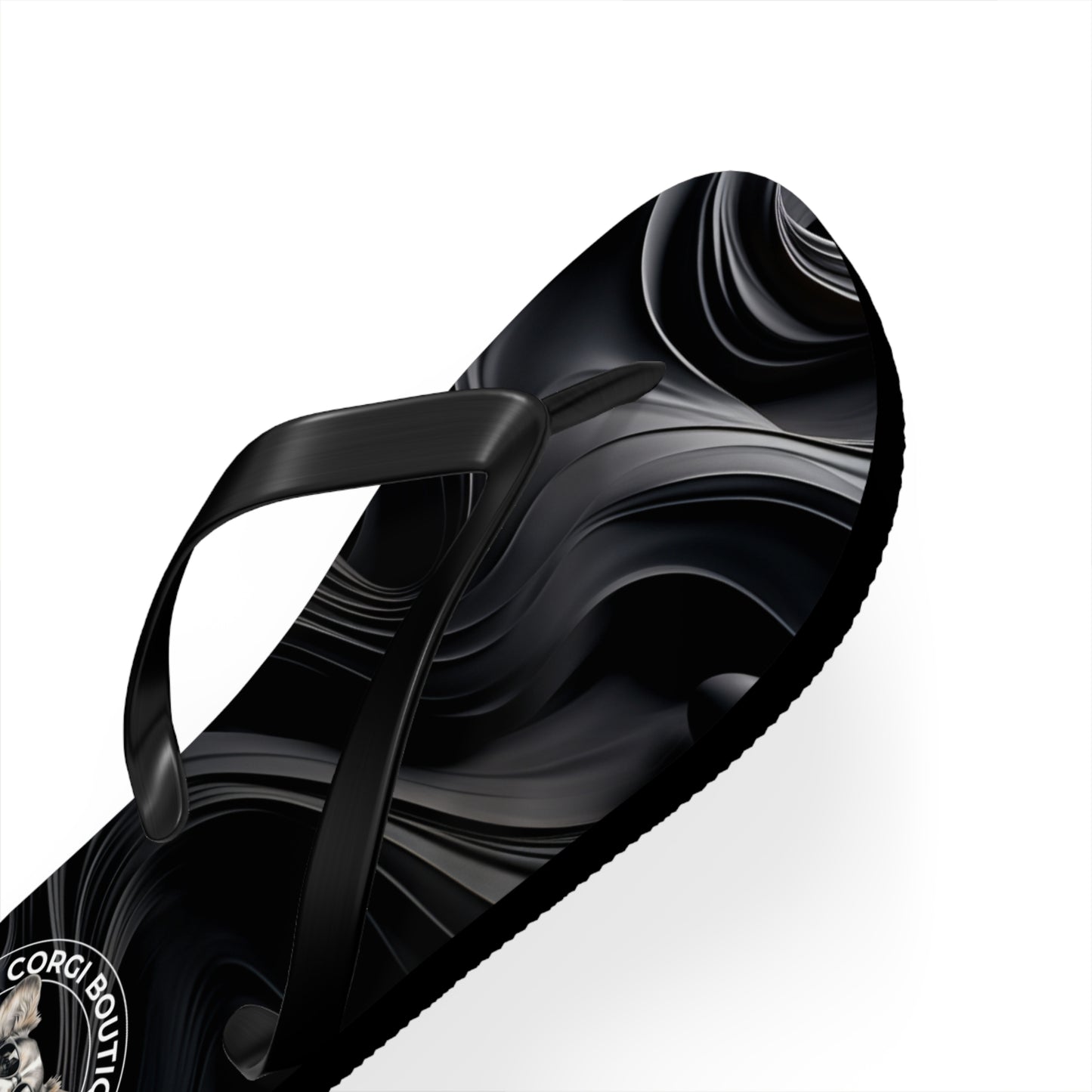 Corgi Boutique Black Swirl Flip Flops with our Custom Logo — Stylish Beach & Pool Sandals