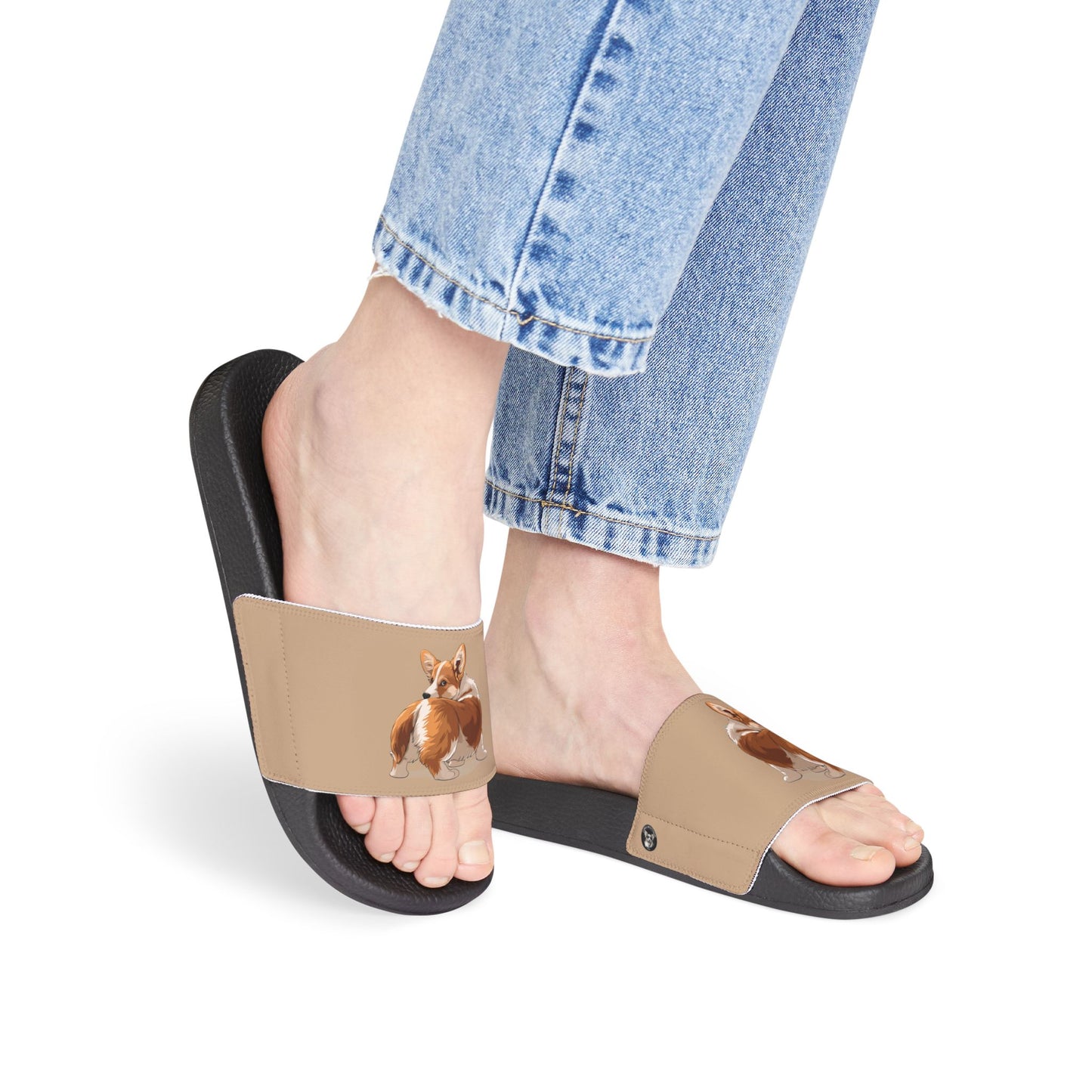 Butt What? Talk to the Butt Contemptuous Corgi Women's Casual Tan Slide Sandals - Pool & Beach Slides