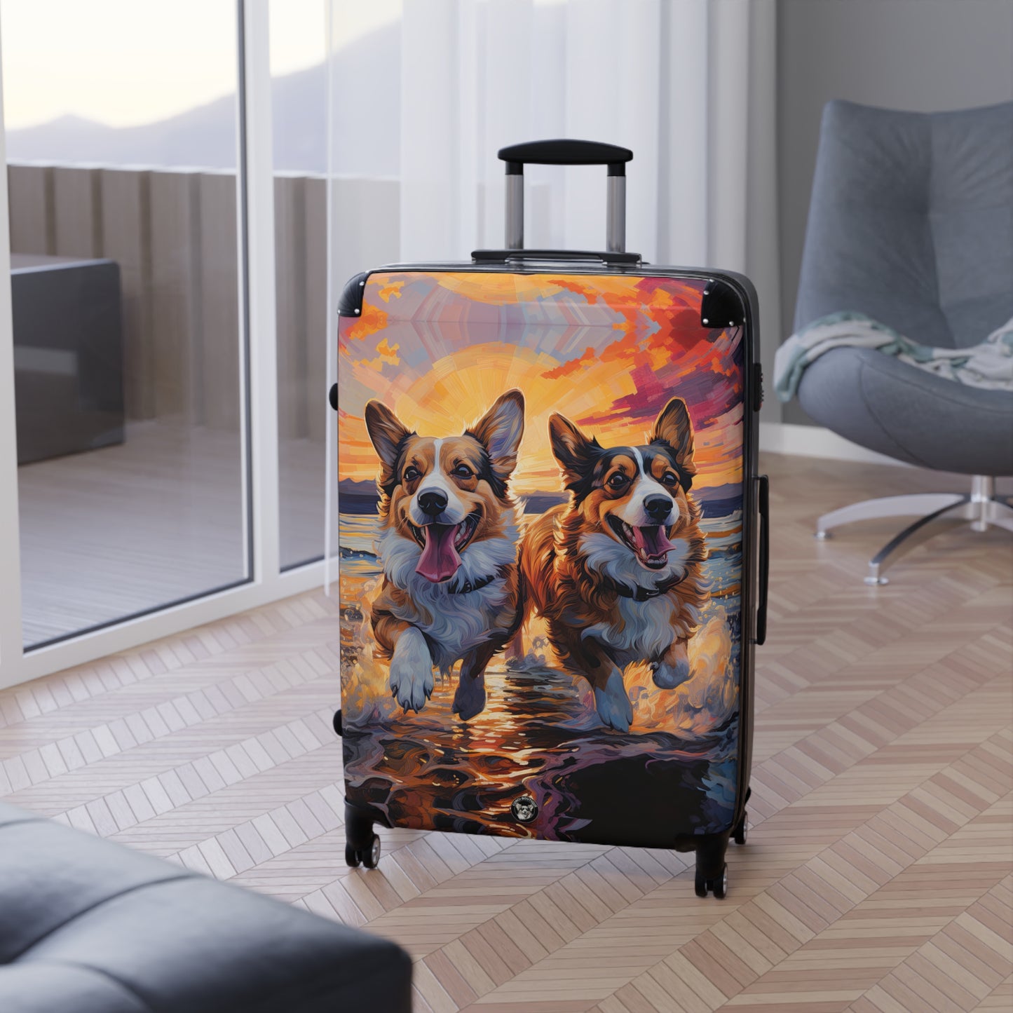 Beach Buds Corgi Sunset Suitcases — Corgis Running in the Waves Luggage