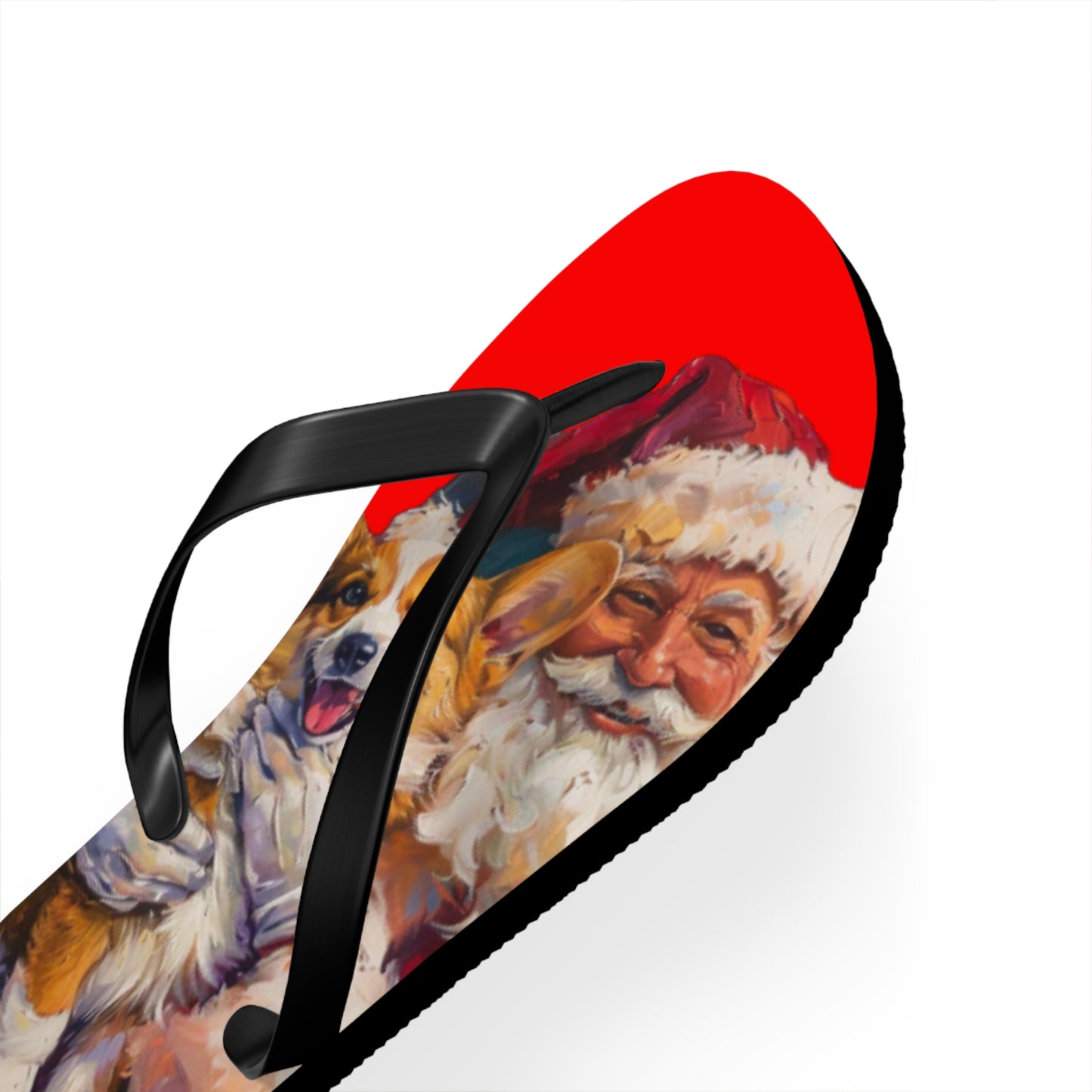 Christmas Corgi on Santa's Lap Custom Artistic Unisex Flip Flops – Festive Holiday Sandals