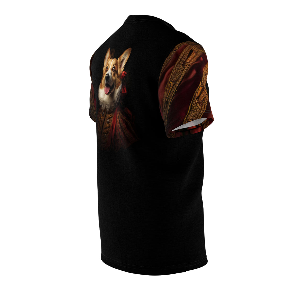 Renaissance in a Ruff Unisex Bold Designer Tee - Historic Corgi Portrait on Phantom Black with Antique Venetian Red Sleeves