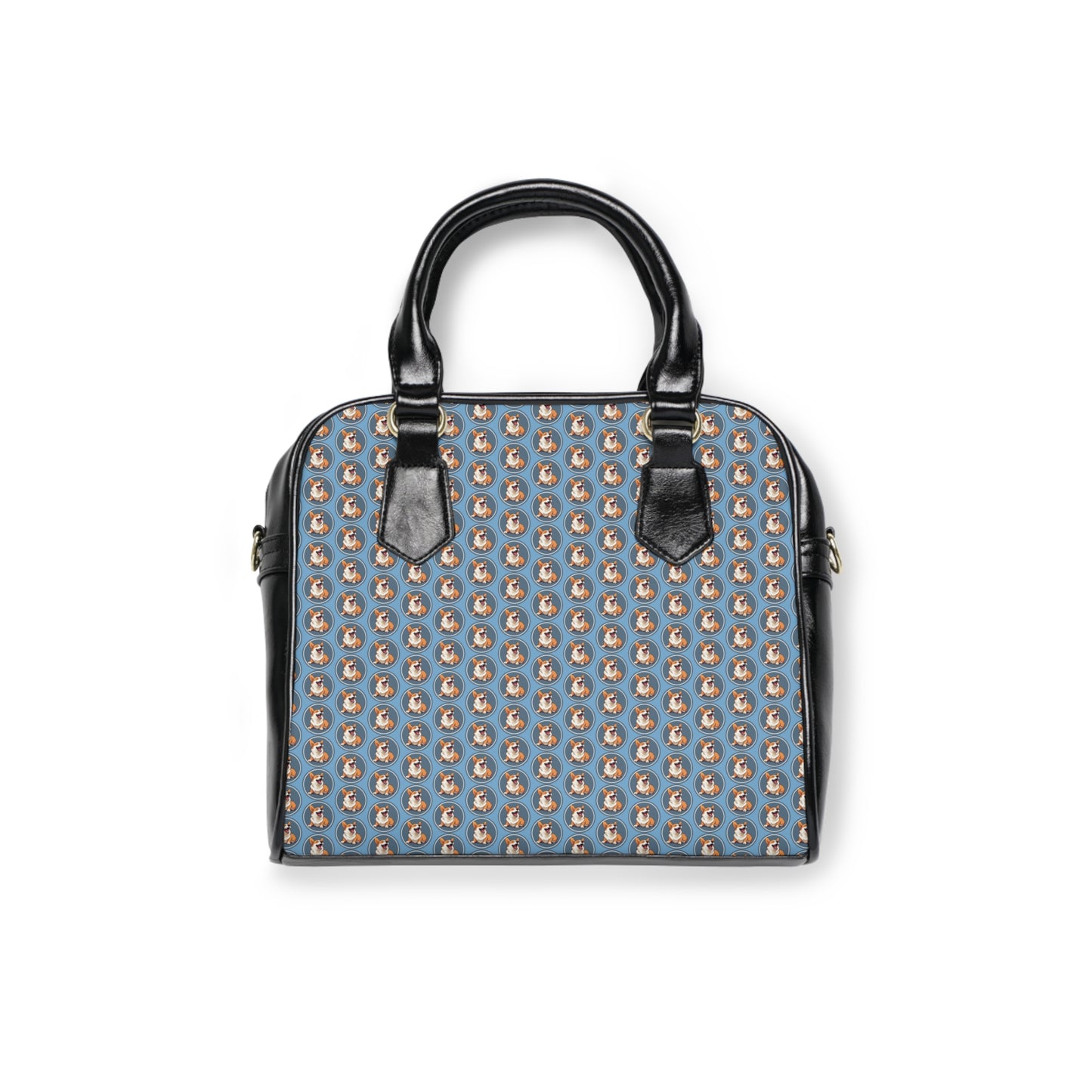 Comical Corgi All Smiles Dot Pattern Blue & Black Shoulder Handbag