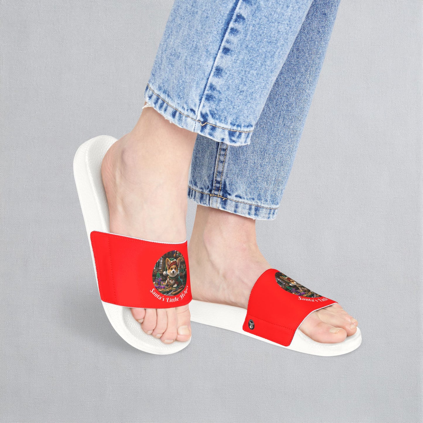 Santa's Little Helper Holiday Corgi Elf Women's Slide Sandals - Casual Pool & Beach Slides