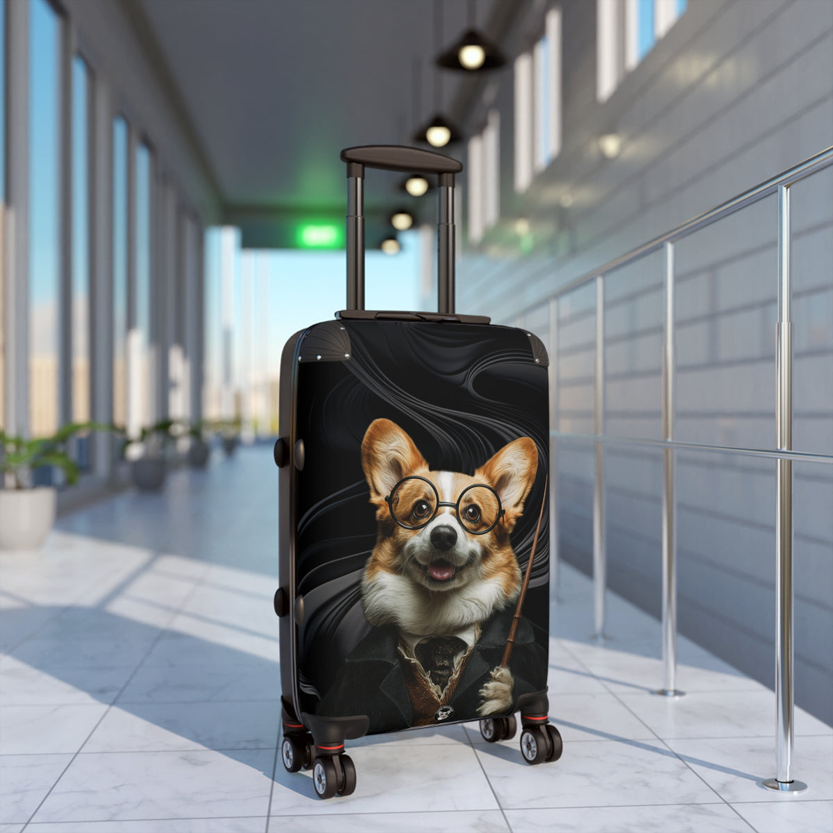 Corgi Potter Magic Wand Suitcases – Wizard Theme Swirling Black Rolling Luggage