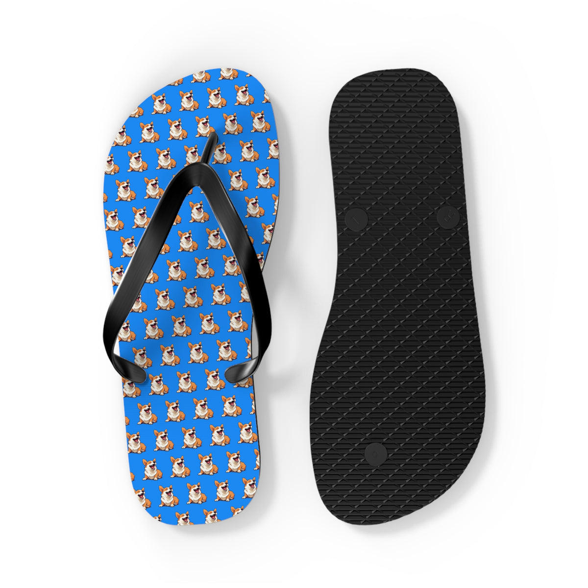Comical Corgi All Smiles Repeater Pattern Artistic Unisex Flip Flops — Cute & Funny Corgi Themed Blue Sandals