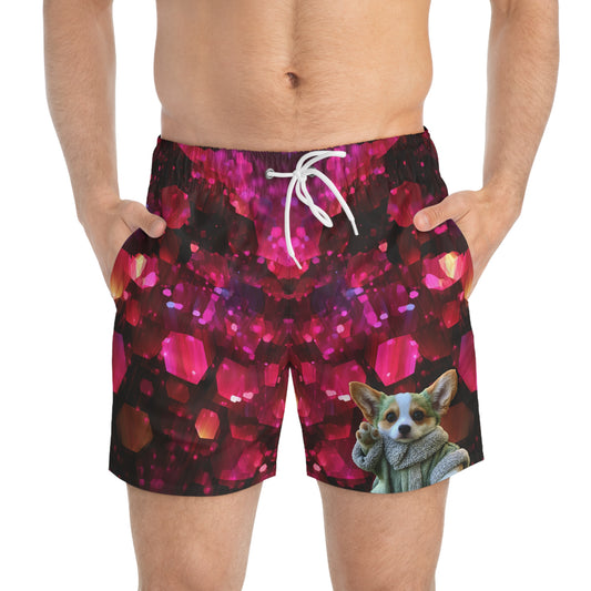 Baby Corgi Space Warrior Swim Trunks - Black Red & Purple Galaxy Glitter Swimsuit