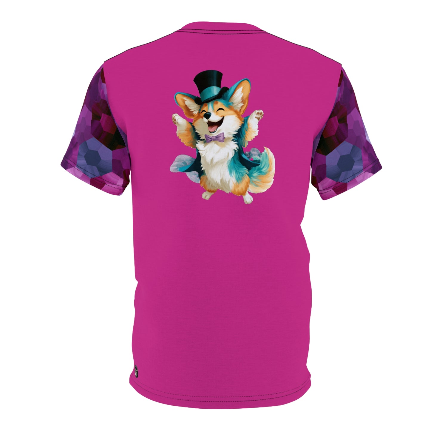 Party Pup Artistic Corgi Fuchsia Bold Fashion Tee with Colorful Geometric Sleeves — Cute Corgi Illustration