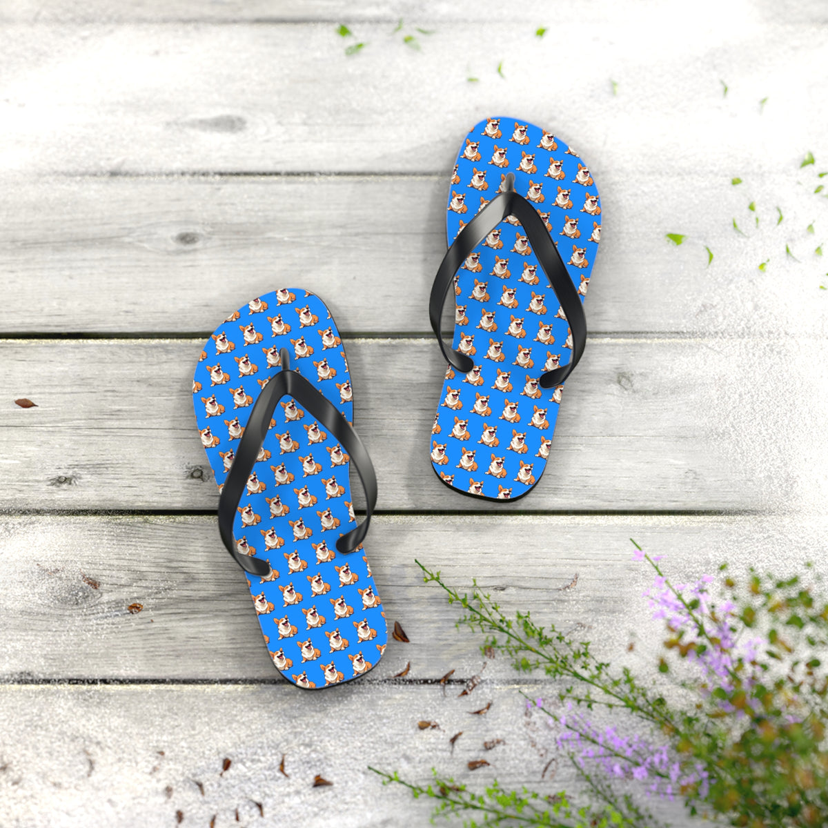 Comical Corgi All Smiles Repeater Pattern Artistic Unisex Flip Flops — Cute & Funny Corgi Themed Blue Sandals