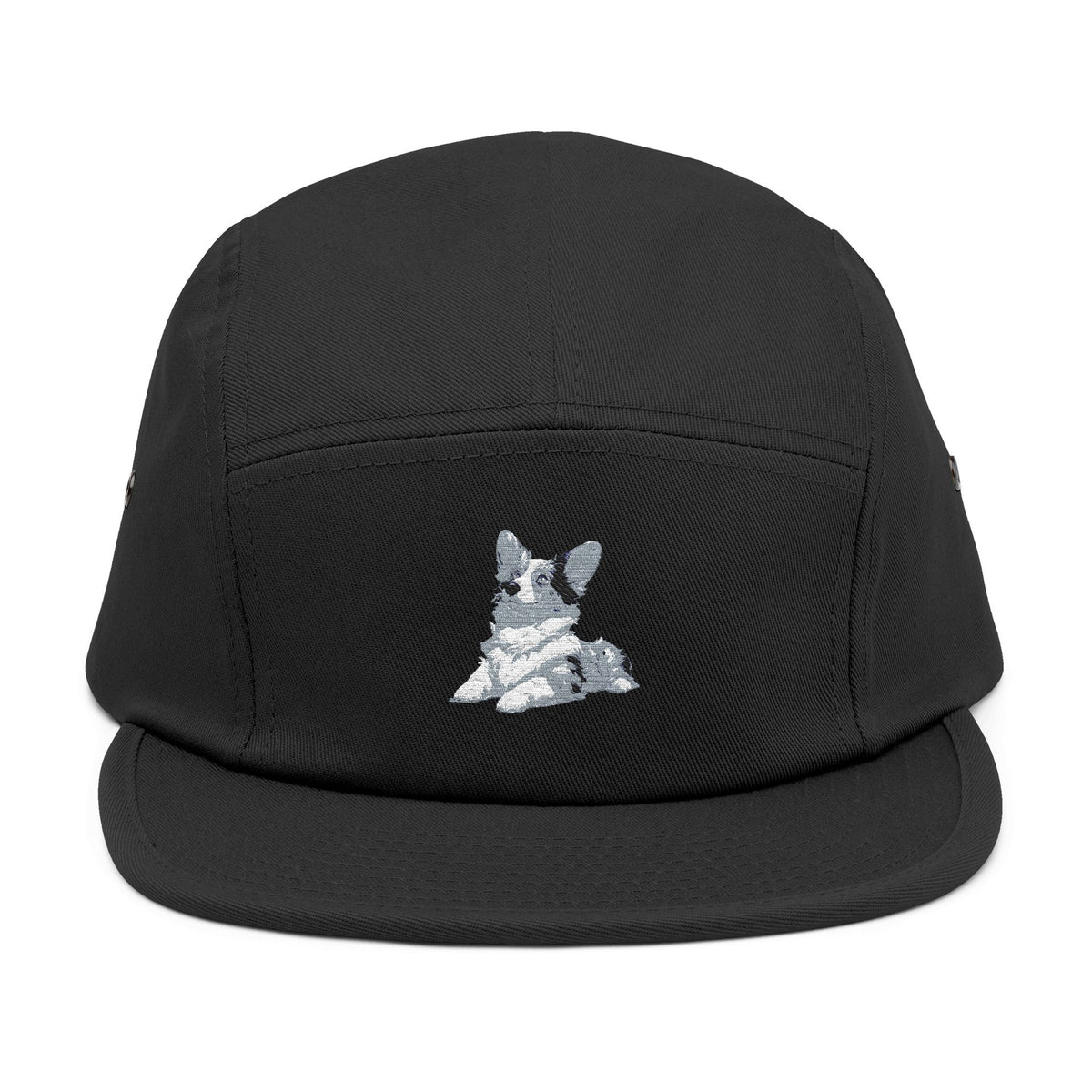 Blue Merle Majesty 5-Panel Embroidered Camp Cap — Designer Corgi Headwear in Monarch Navy or Phantom Black
