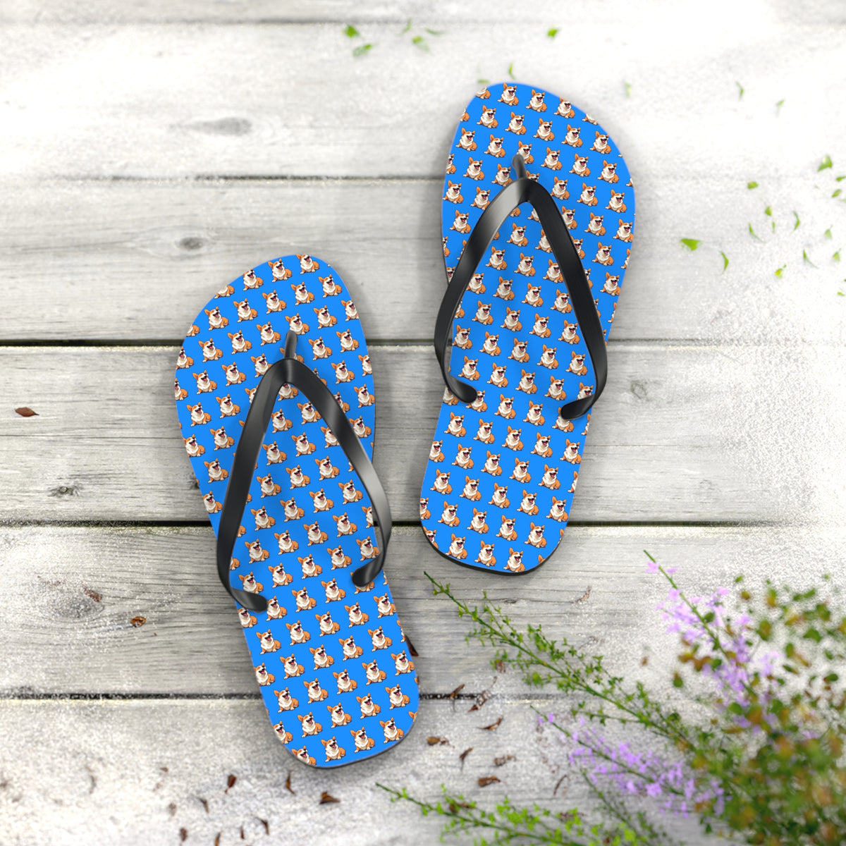 Comical Corgi All Smiles Repeater Pattern Artistic Unisex Flip Flops — Cute & Funny Corgi Themed Blue Sandals