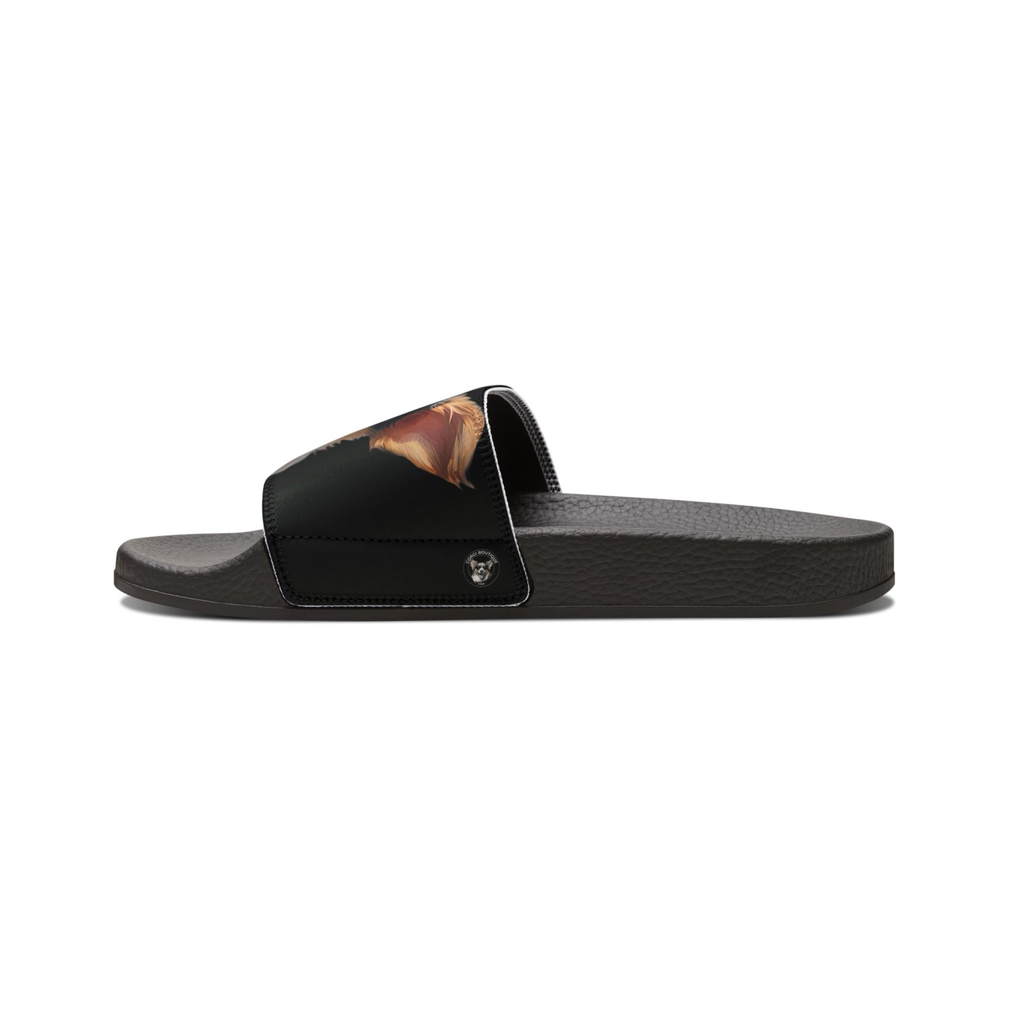 Puppy Dog Eyes Corgi Portrait Women's Casual Black Slide Sandals - Pool & Beach Slides