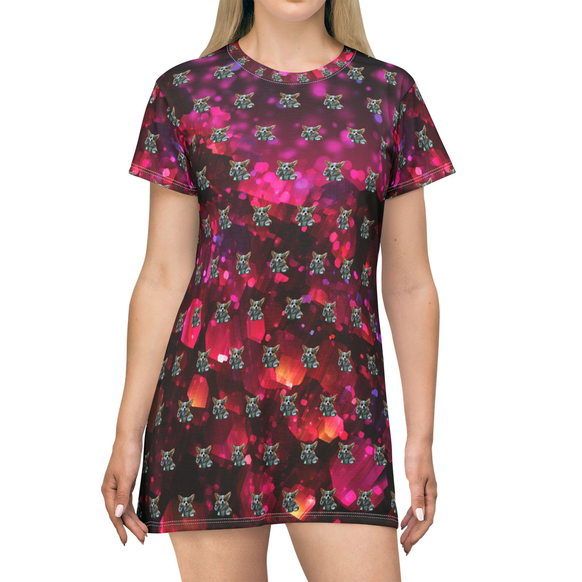 Baby Corgi Star Warrior - Black Red & Purple Galaxy Glitter T-Dress