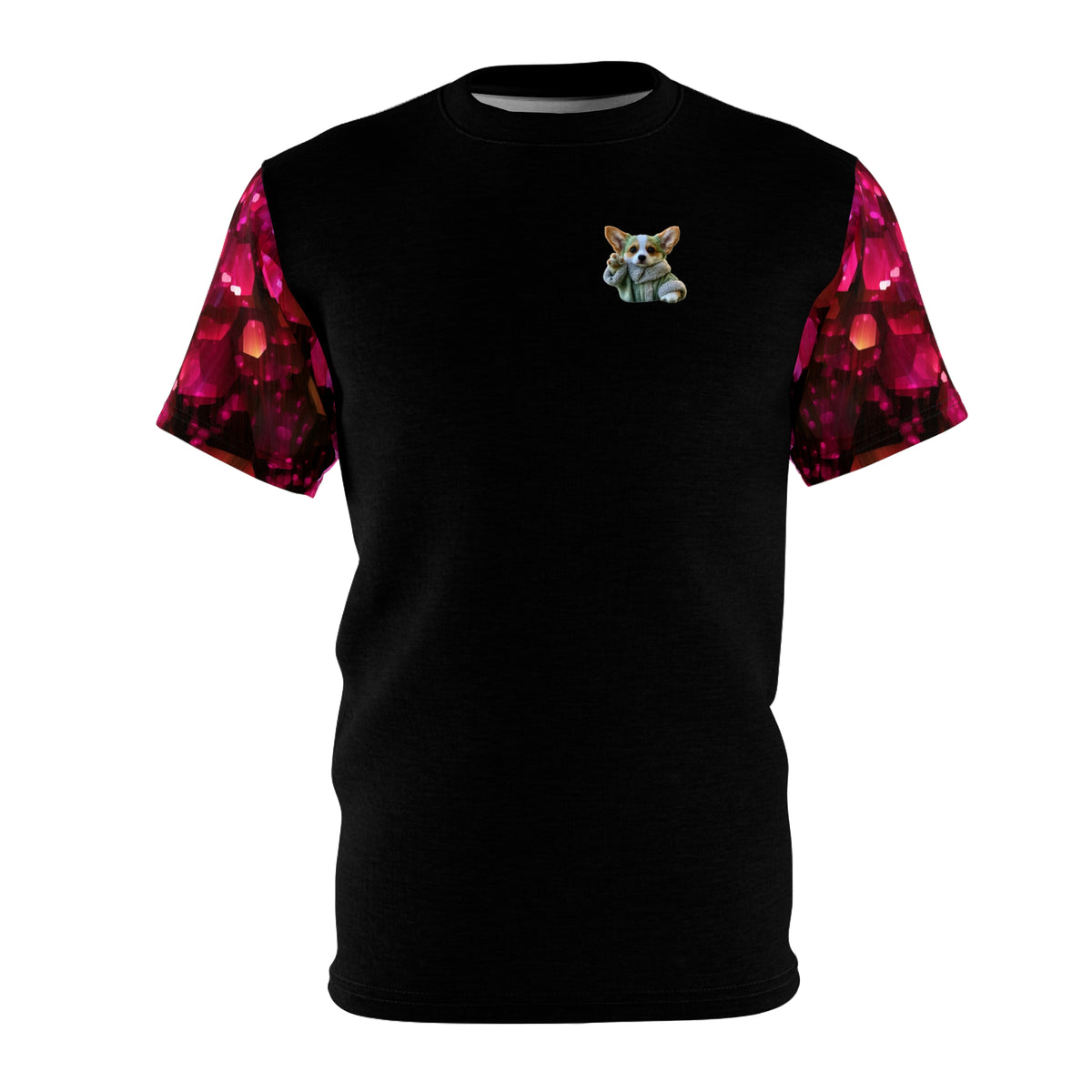 Baby Corgi Star Sage Unisex Bold Designer Tee — Phantom Black with Galaxy Glitter Geo-Sleeves (Part of the Astral Warrior Collection)