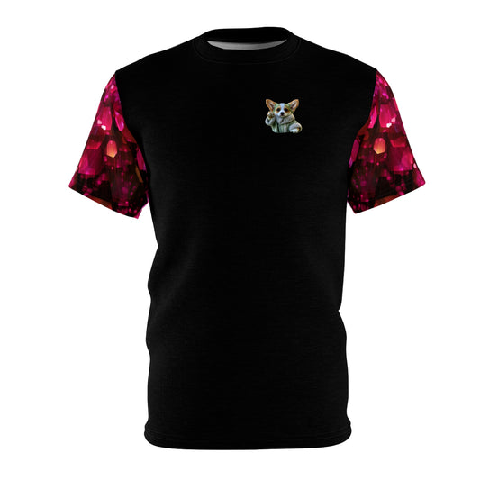 Baby Corgi Star Sage Unisex Bold Designer Tee — Phantom Black with Galaxy Glitter Geo-Sleeves (Part of the Astral Warrior Collection)