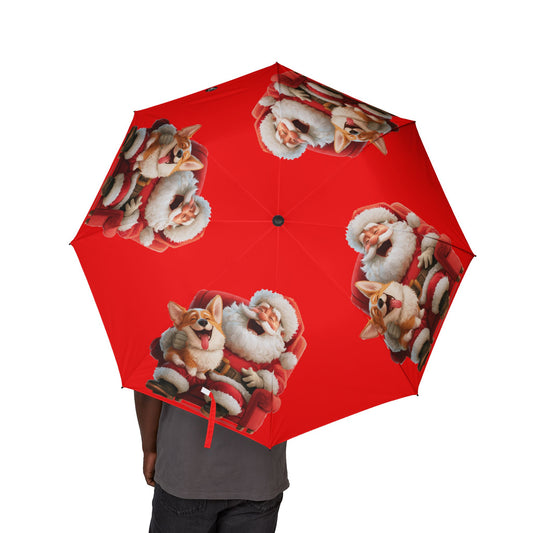 Christmas Corgi Sitting On Santa's Lap Foldable Umbrella — Red Holiday Rain Shield
