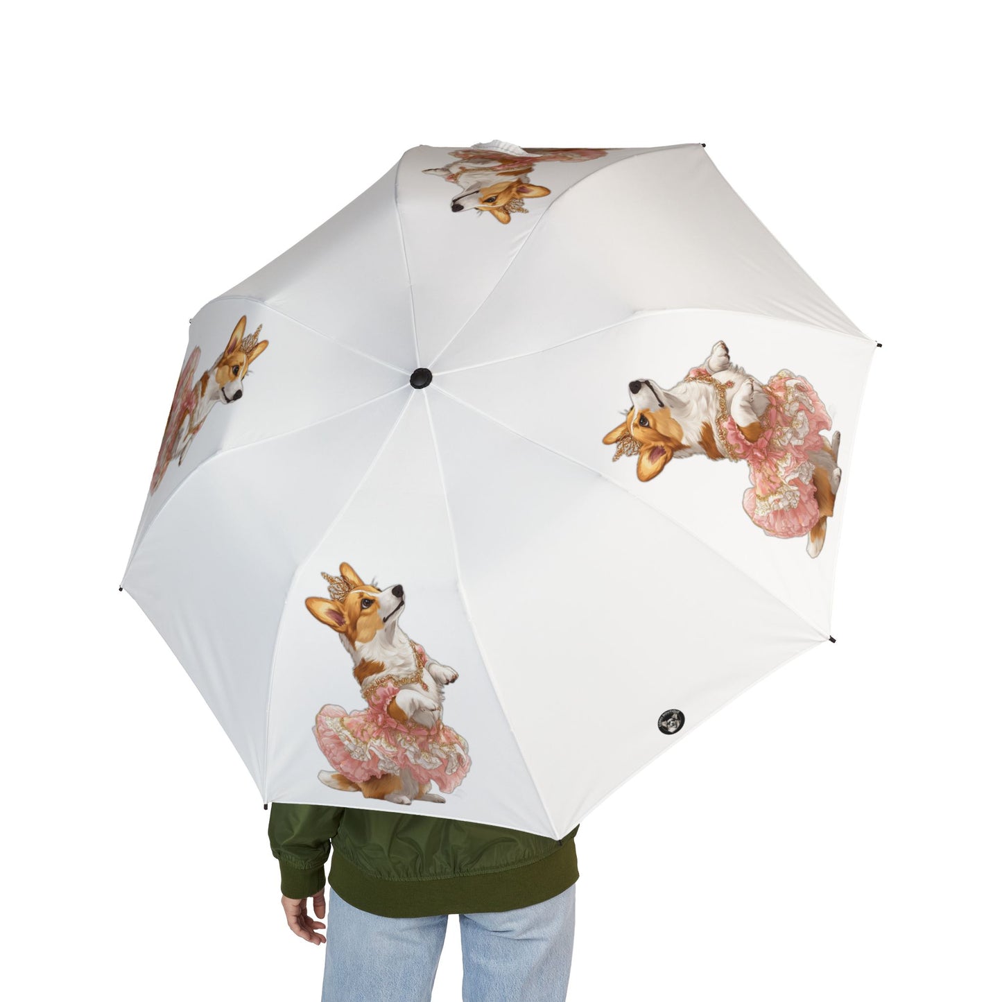 Princess Corgi in Pink Floral Dress Foldable Umbrella — Compact Semi‑Automatic Rain Parasol