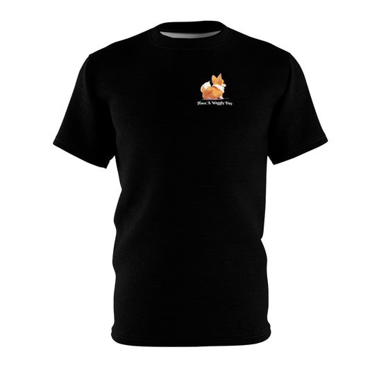Have a Wiggly Day Unisex Bold Designer Tee  - Corgi Butt Strut on Phantom Black