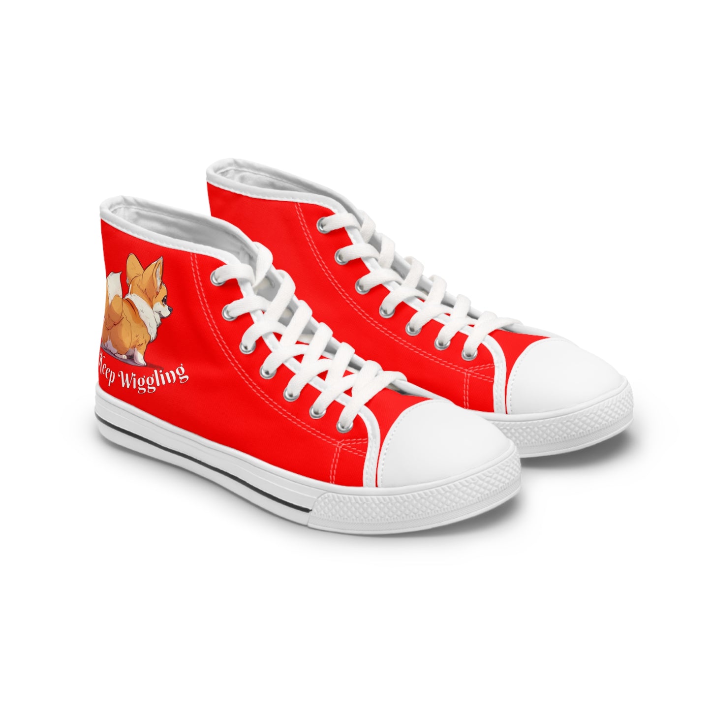 Just Keep Wiggling Women's High Top Casual Red Canvas Sneakers - Cute Corgi Illustration