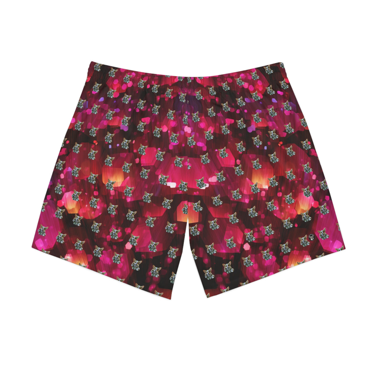 Baby Corgi Star Warrior Board Shorts - Black Red & Purple Galaxy Glitter Swimsuit