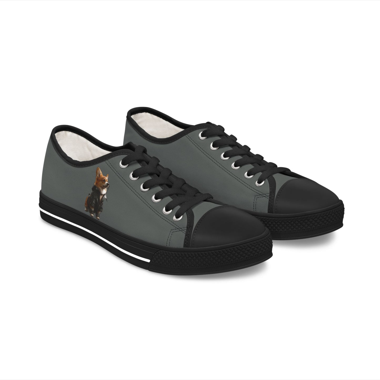 Leader of the Pack Women's Low Top Casual Charcoal Sneakers with a Leather-Clad Corgi