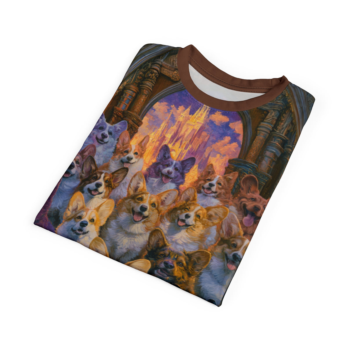 Pearly Gates Await Unisex Bold Designer Tee - Heavenly Corgis on Antique Divinity