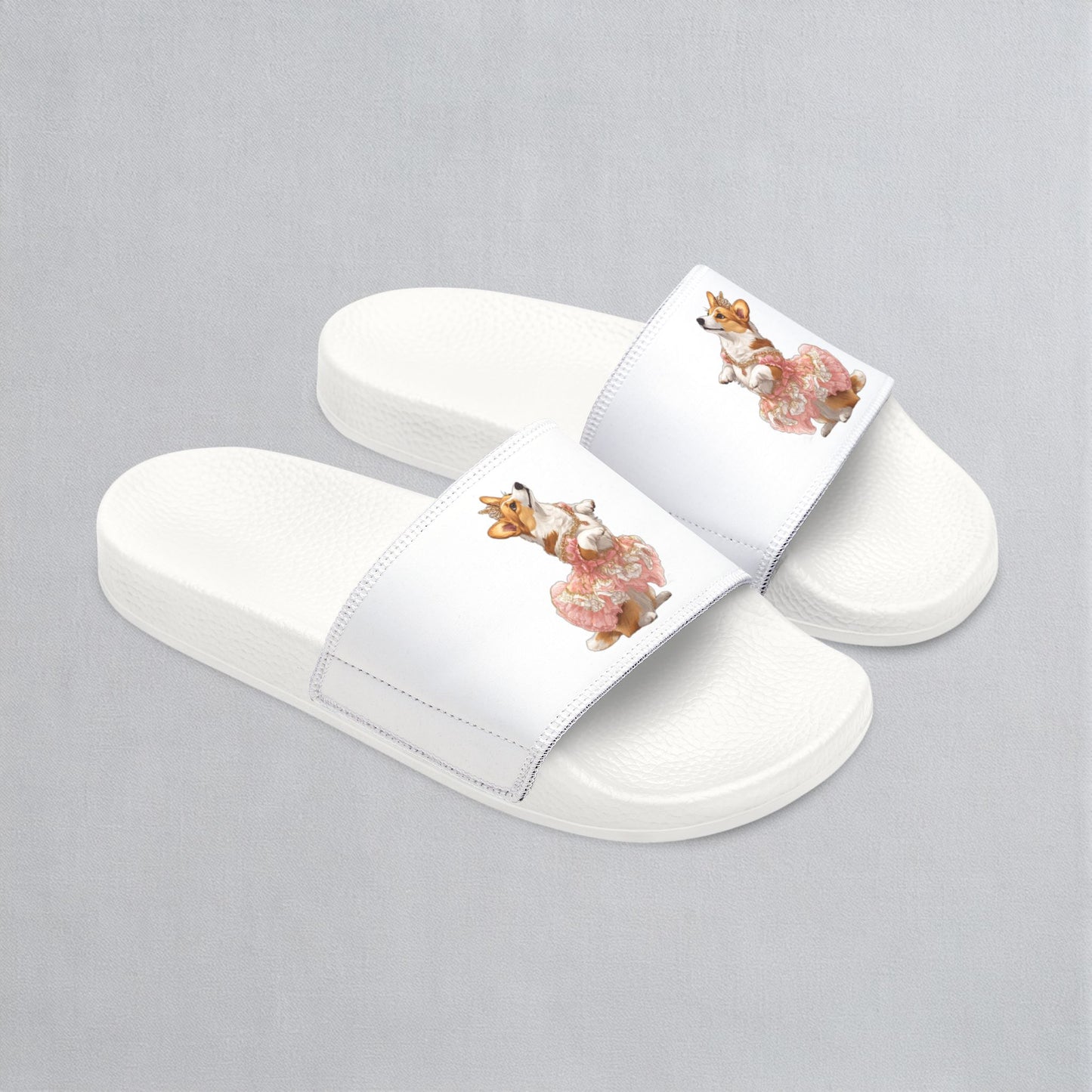 Princess Corgi White & Rose Women's Slide Sandals - Casual Pool & Beach Slides