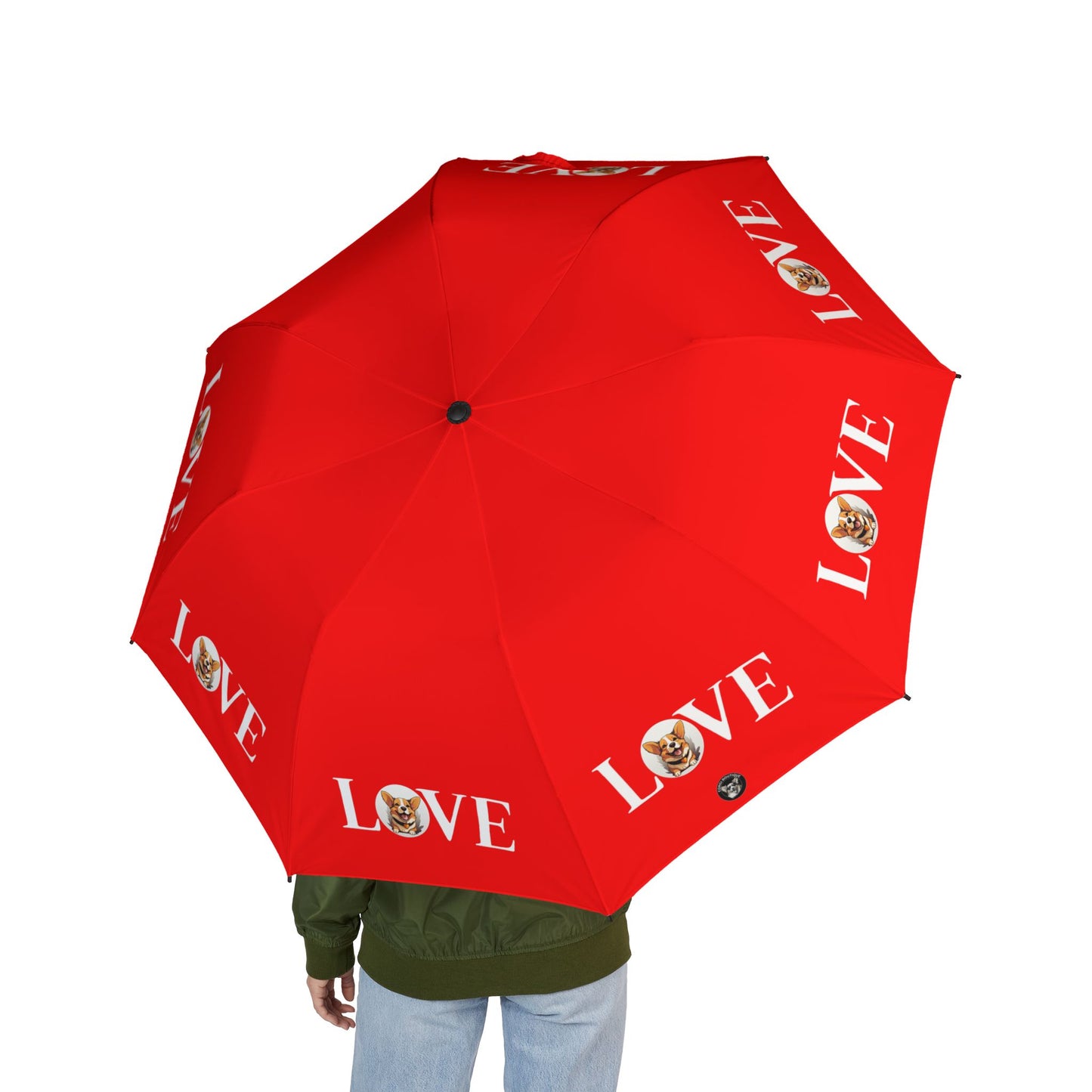 Corgi Love Red Foldable Umbrella — Compact Semi-Automatic Rain Parasol with Romantic Design