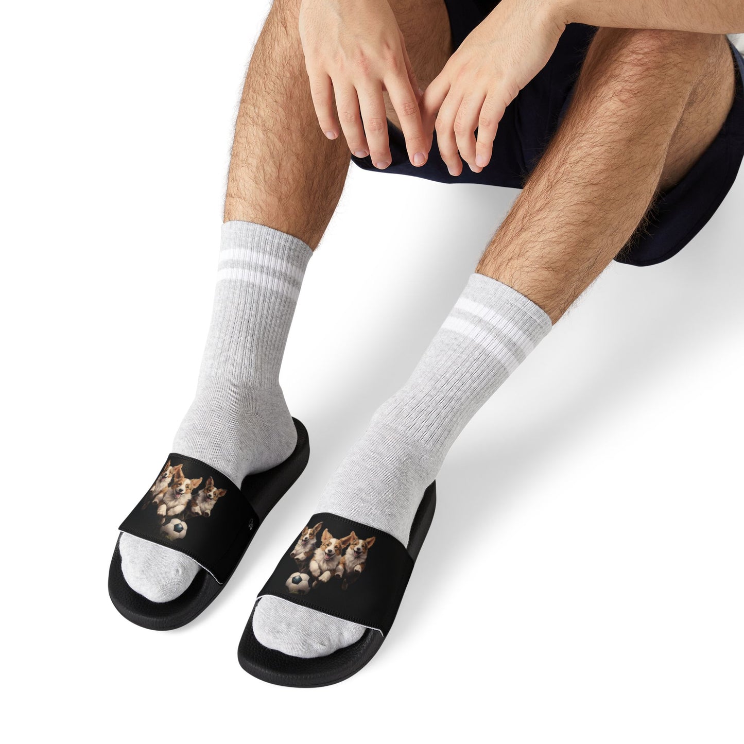 Corgi Puppies Pouncing on the Pitch Men's Black Slide Sandals - Casual Pool & Beach Slides