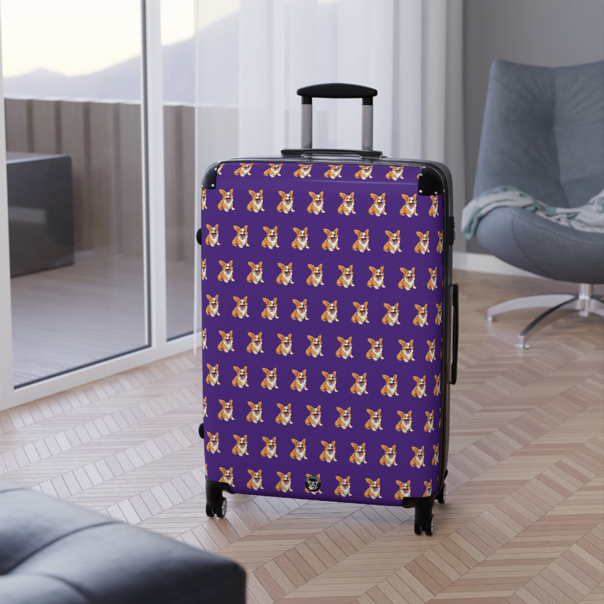 Jolly Jiggling Animated Corgi Repeater Pattern Travel Suitcases — Purple Corgi Rolling Luggage