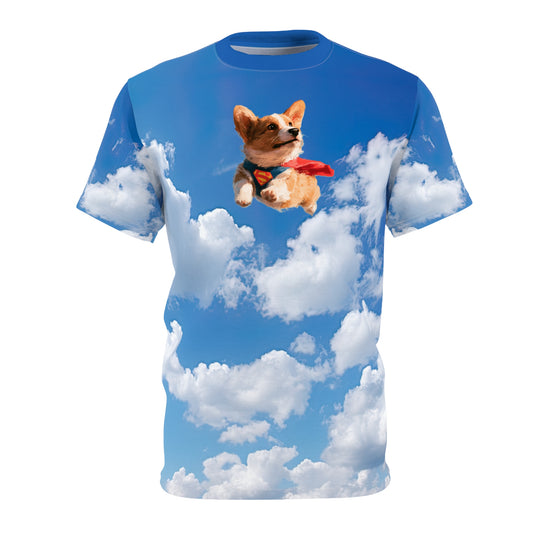 Super Corgi Unisex Bold Designer Tee - Dog Star on Cloudy Cobalt Skies