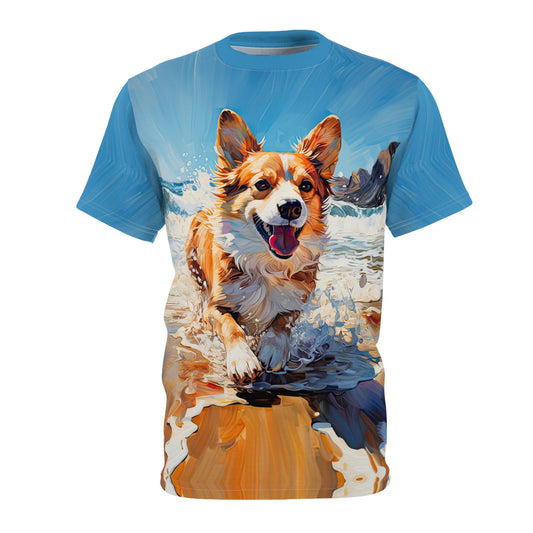 Coastal Corgi Unisex Bold Fashion Tee - Splish-Splash-Sploot! Corgi Beach Day with a Maliblue Hue