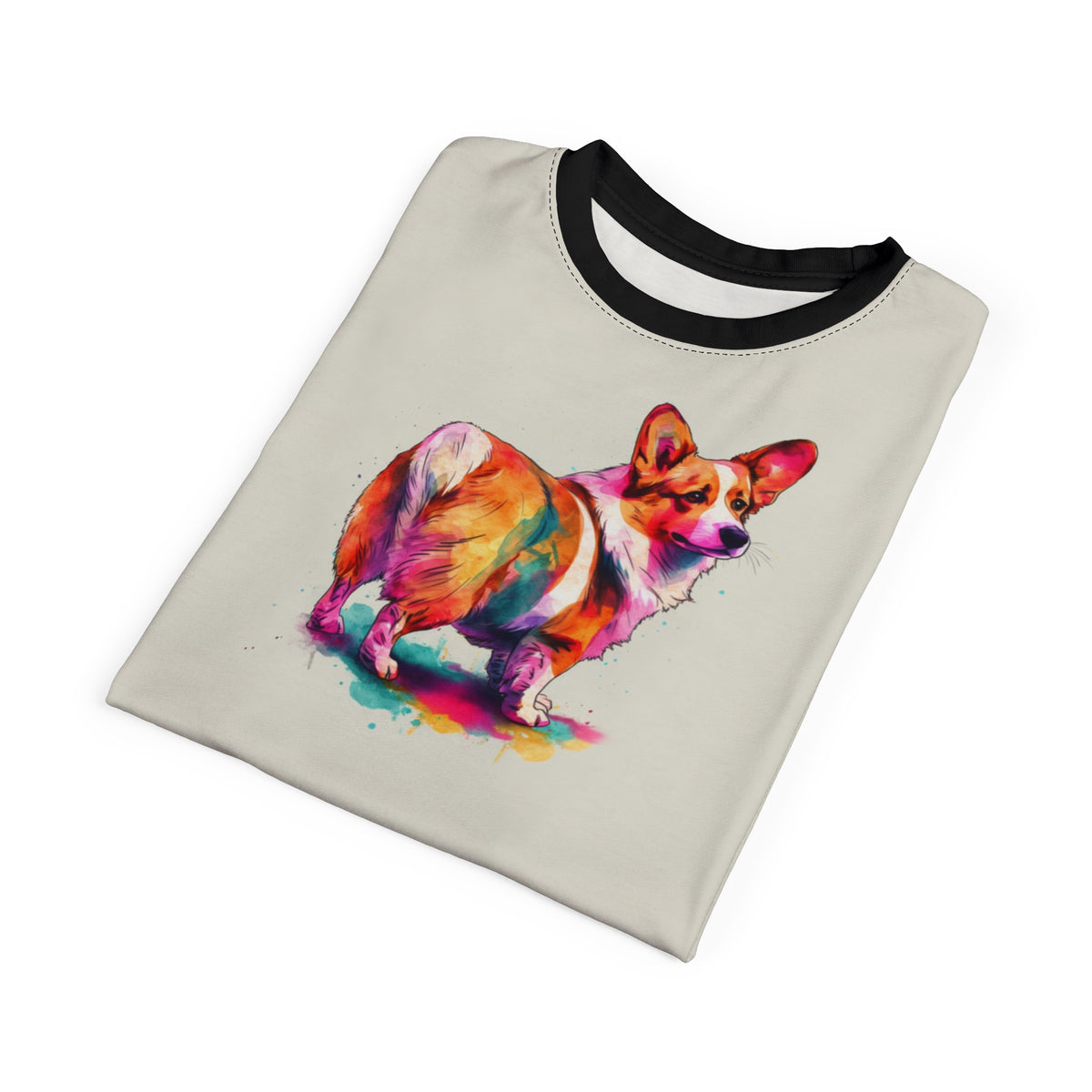 Waddle Mottle Maximized Unisex Bold Designer Tee - Watercolor Corgi on Crema with Phantom Black Sleeves