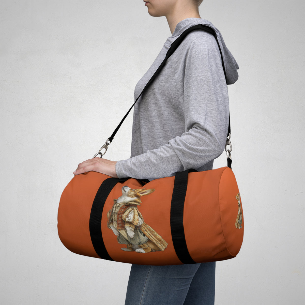 Prince Corgi Royal Duffel Bag - Monarch Themed Burnt Orange Travel Gym Bag