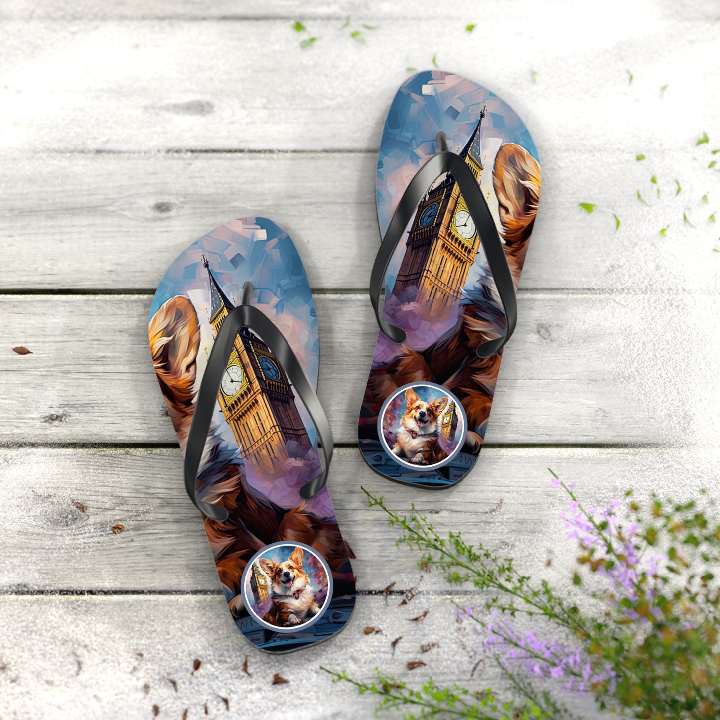 Corgi & Big Ben Artistic Unisex Flip Flops — London Themed Corgi Sandals
