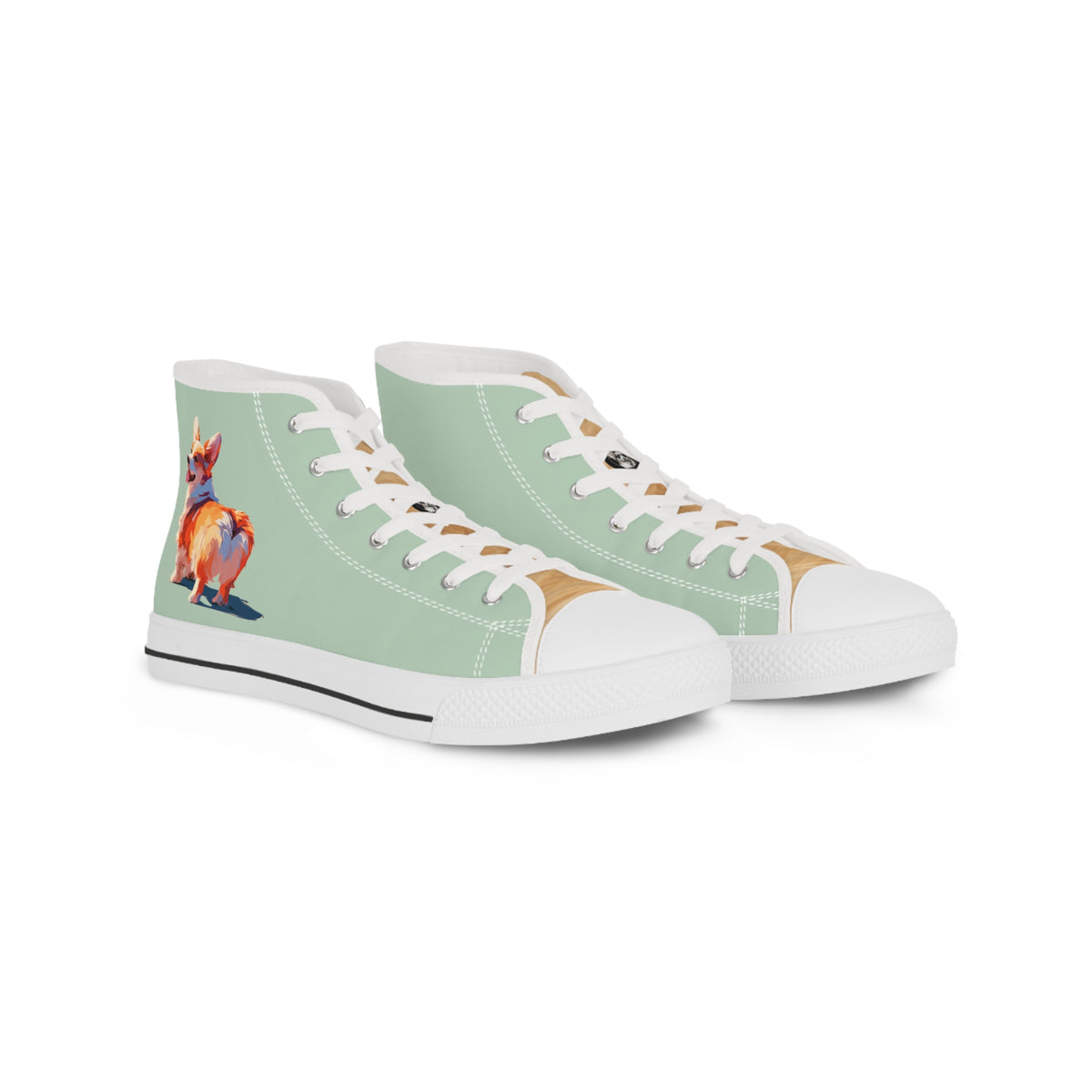 Corgi Classico Men's High-Top Sneakers - Watercolor Wiggler on Momo Mint Canvas with Flaxen Fawn Fur-Effect Tongues