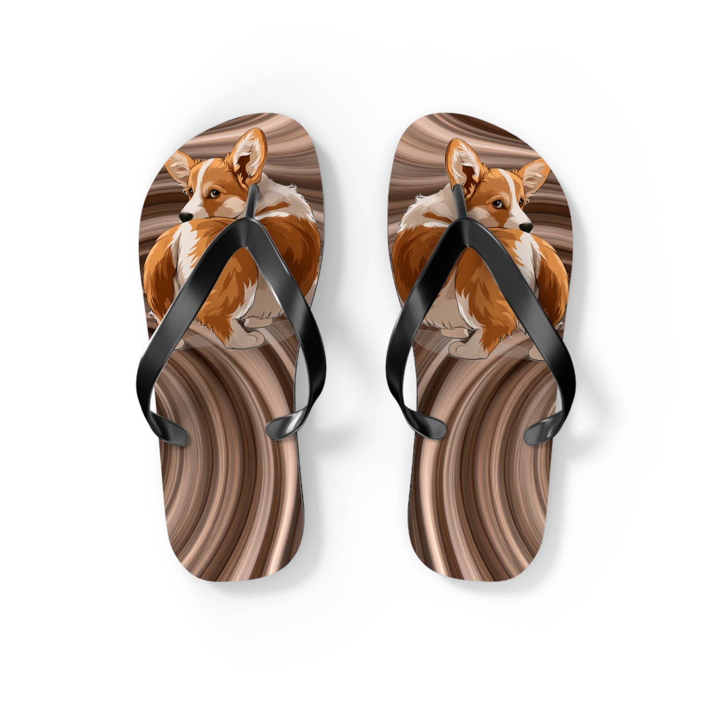 Butt What? Talk To The Butt Contemptuous Corgi Unisex Flip Flops – Comical Swirling Brown Corgi Beach Sandals