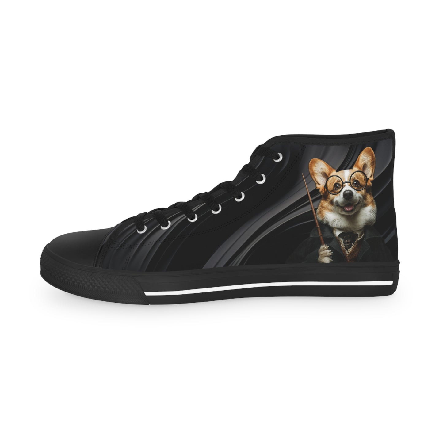 Corgi Potter Magic Wand Men's High Top Casual Black Swirl Canvas Sneakers