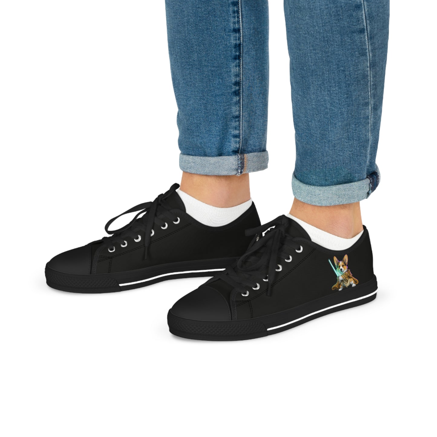 Little Light Knight Corgi Warrior in Training Men's Low Top Black Canvas Sneakers