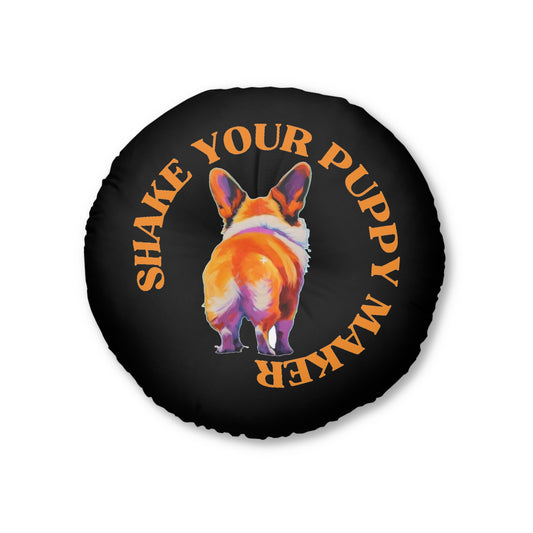 Shake Your Puppy Maker Round Floor Pillow — Black Corgi Butt Accent Cushion