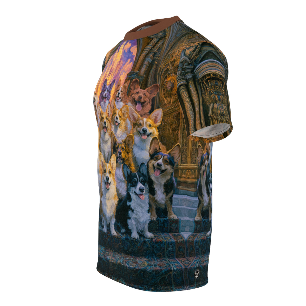 Pearly Gates Await Unisex Bold Designer Tee - Heavenly Corgis on Antique Divinity