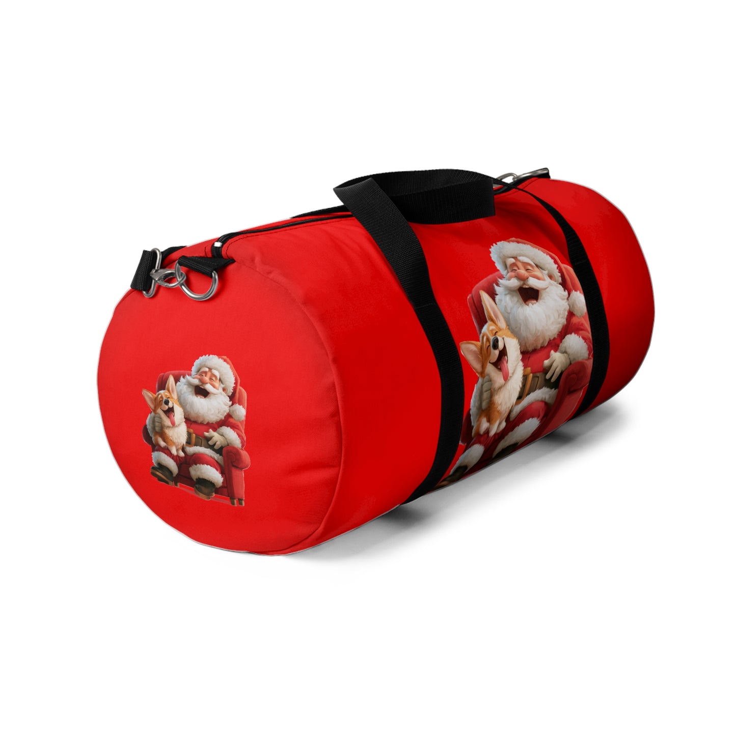 Christmas Corgi Sitting on Santa's Lap Duffel Bag - Festive Red Holiday Corgi Travel Gym Bag