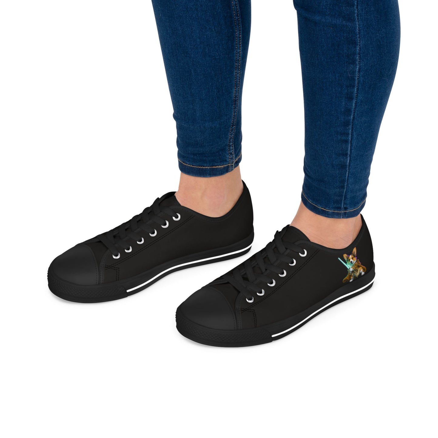 Little Light Knight Corgi Warrior in Training Women's Low Top Black Canvas Sneakers