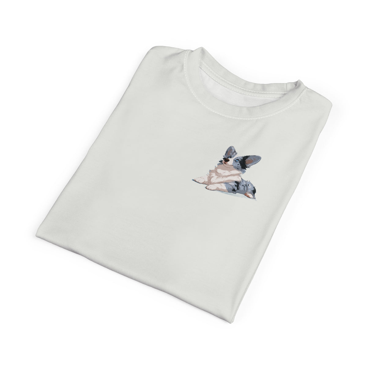 Blue Merle Majesty Unisex Bold Fashion Tee - Alabaster Cream Corgi Shirt with Swirling Aqua Sleeves