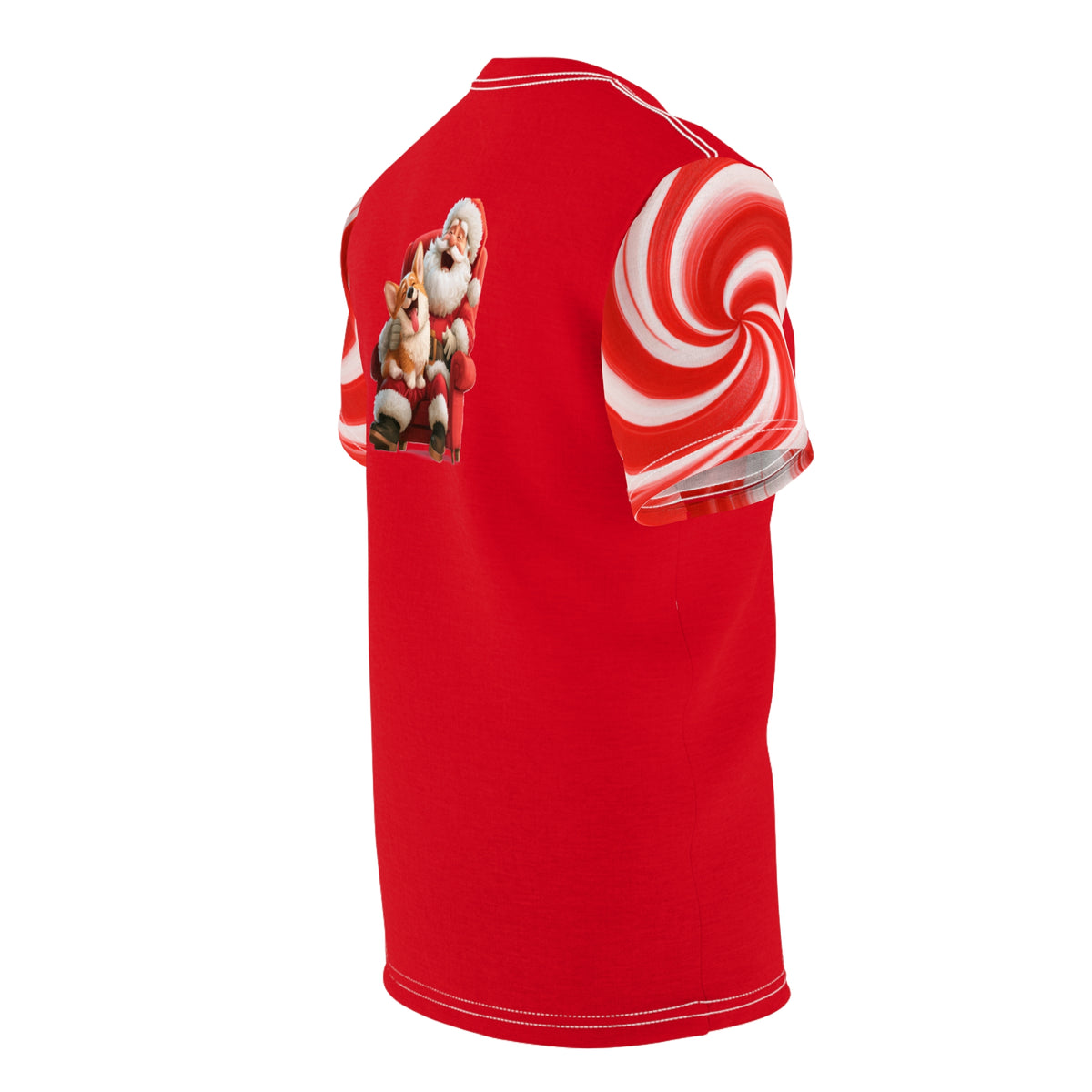 I Want a Corgi for Christmas Unisex Bold Designer Tee - A Very Good Corgi on Santa's Lap on Jingle Pop Red with Candy Cane Sleeves (Part of the Holiday Collection)