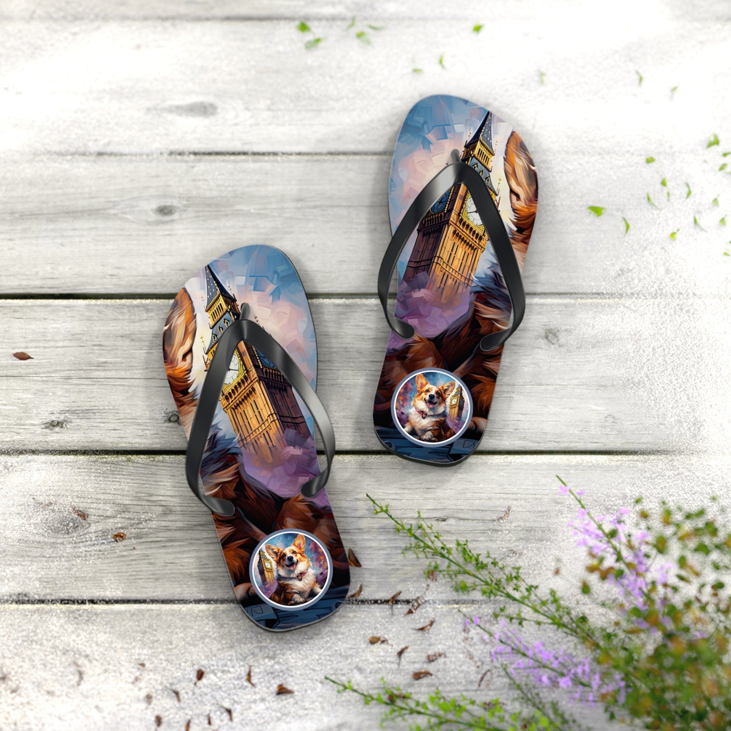 Corgi & Big Ben Artistic Unisex Flip Flops — London Themed Corgi Sandals